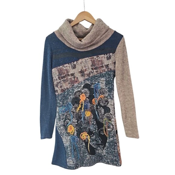 India Factory Hand-Painted Tunic Cowl Neck Art Top Size M One Of A Kind Piece - Picture 1 of 16